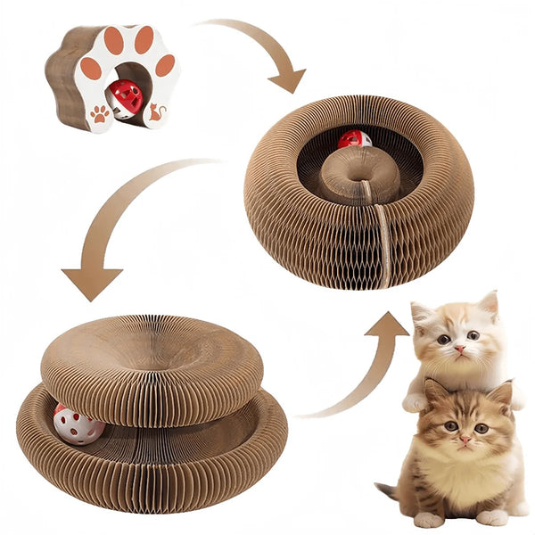 A foldable accordion cat scratcher with a bell and catnip, shown in various forms.