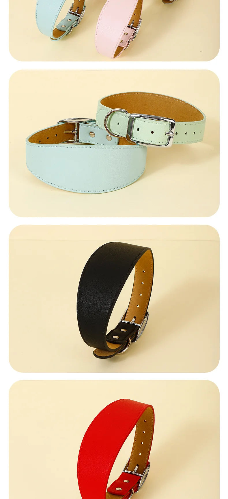 A collection of wide leather dog collars in pastel and solid colors, including mint green, pink, and black.