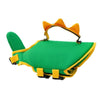 Chaleco salvavidas verde brillante para mascota con correas naranjas y rasgos parecidos a orejas.