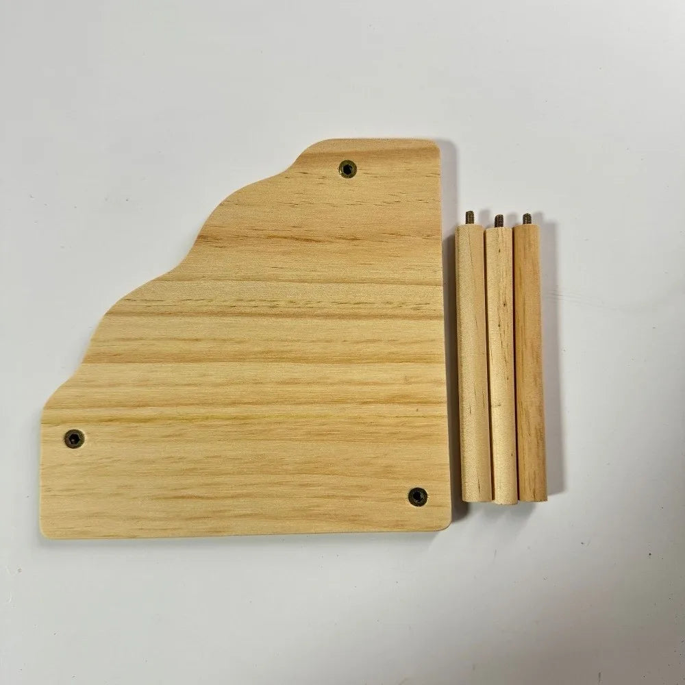 A natural wood hamster play platform with a curved design and two parallel wooden sticks.