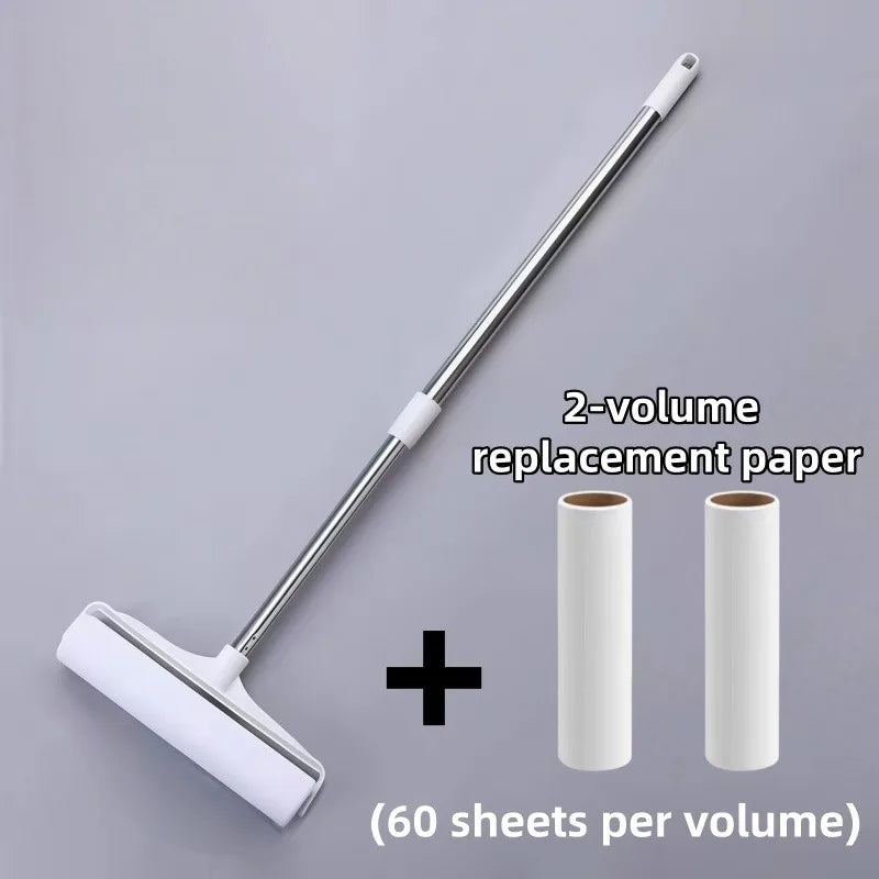 Silver extendable pet hair lint roller with two replacement paper rolls for cleaning