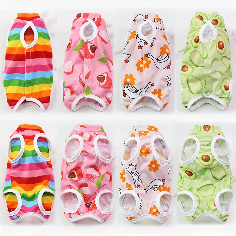 A set of colorful recovery vests for cats featuring various patterns and designs.
