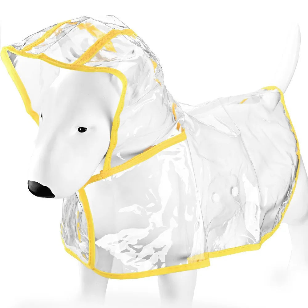 Un imperméable blanc pour animaux de compagnie (chiens et chats) avec des bordures jaunes.