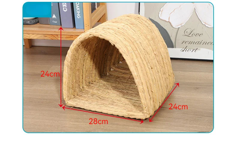 A natural straw woven mat shaped like a tunnel for small rodents, measuring 24cm by 28cm.