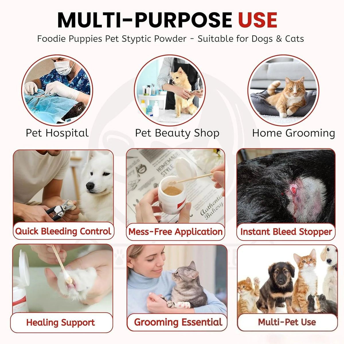 Polvo multiusos para mascotas, usado para controlar hemorragias, apoyo a la curación y aseo.