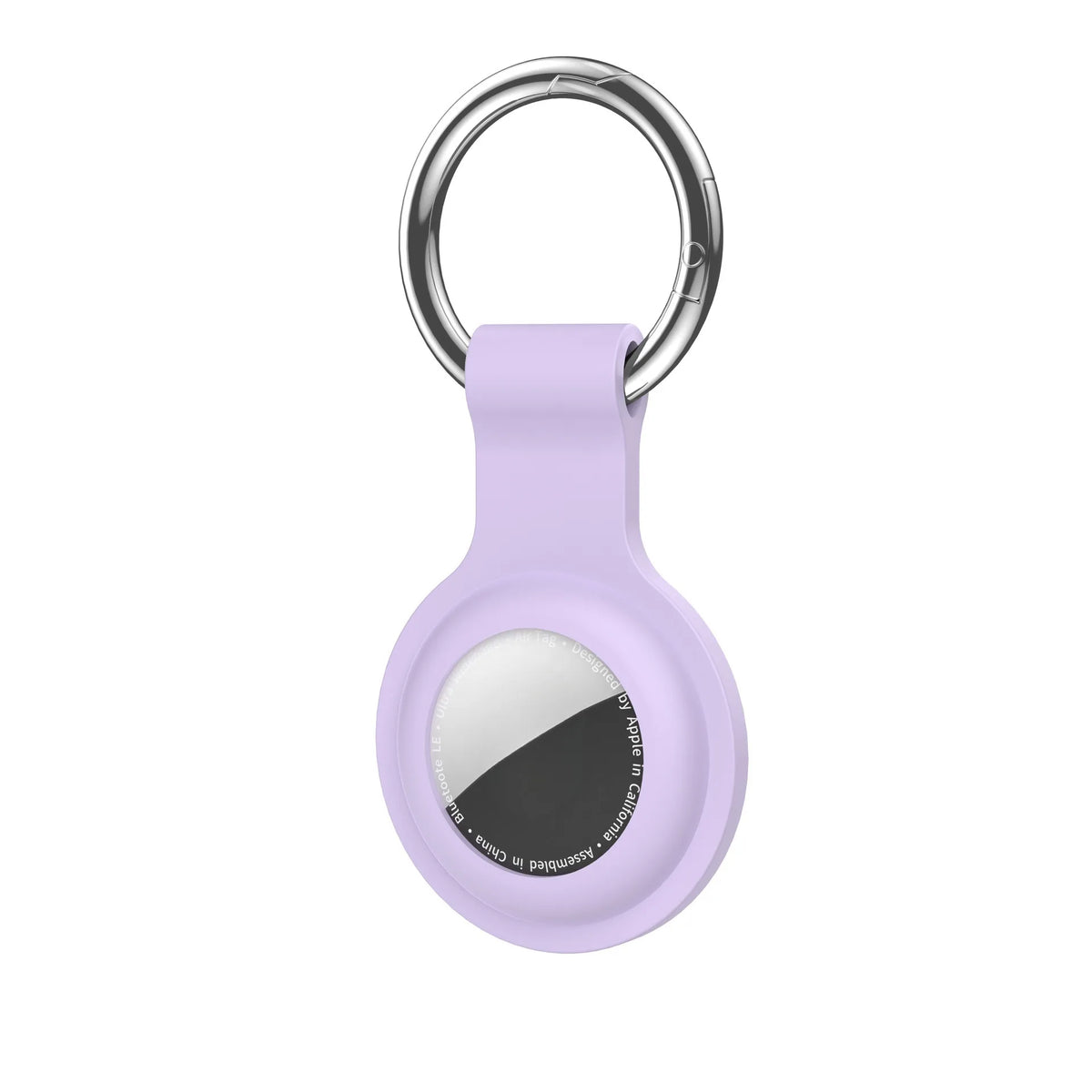 A purple silicone protective cover for an AirTag attached to a silver keychain ring.
