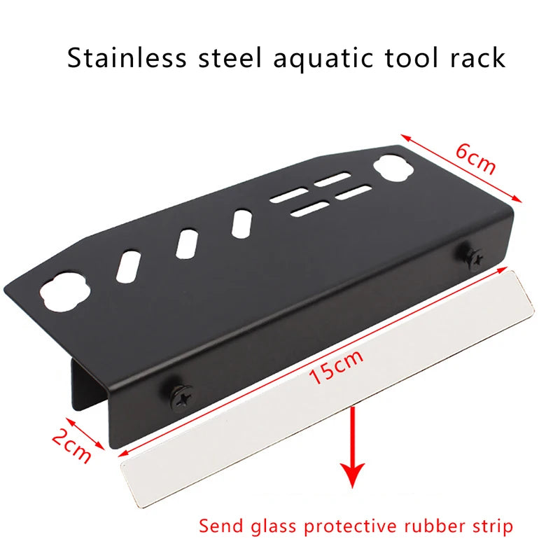 A black stainless steel aquatic tool rack with a glass protective rubber strip shown in profile.