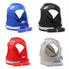 A set of adjustable mesh dog vest harnesses in blue, black, and red, shown individually.