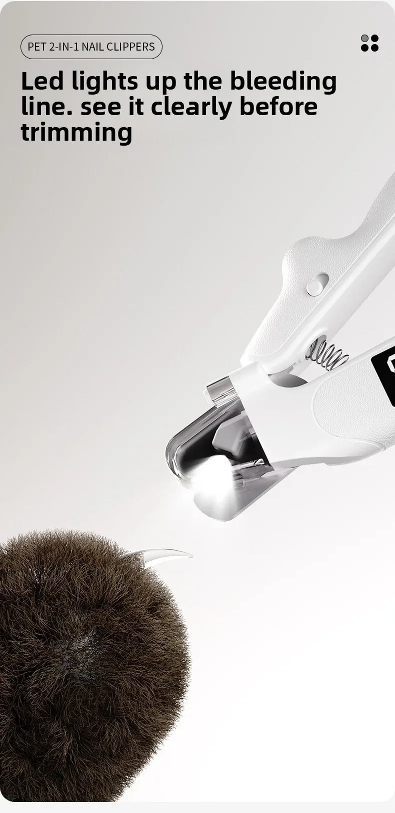 A close-up of a white pet nail clipper with LED lights illuminating the bleeding line on a dark pet nail.