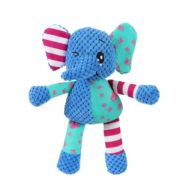 A soft plush elephant toy with pink and blue stripes for chewing and interactive play.