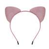 A pink plush cat ear headband with a thin strap for costumes and parties.