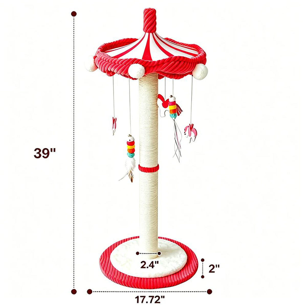 Roter hoher rotierender Kratzbaum mit Spielzeugen und weißer Basis