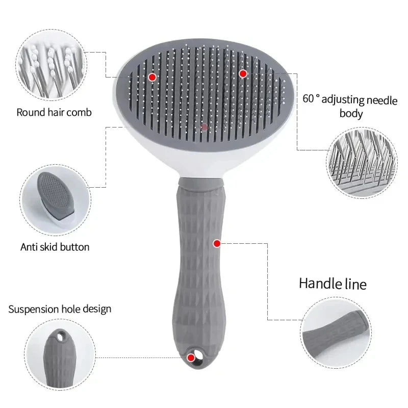 A gray pet hair remover grooming brush with a silicone head, anti-skid button, and suspension hole design.
