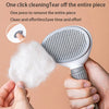 A hand holds a grooming brush with massage pins, demonstrating the one-click cleaning feature for pet hair removal.