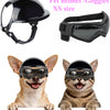 Black pet helmet and goggles set shown with a dog and a cat.