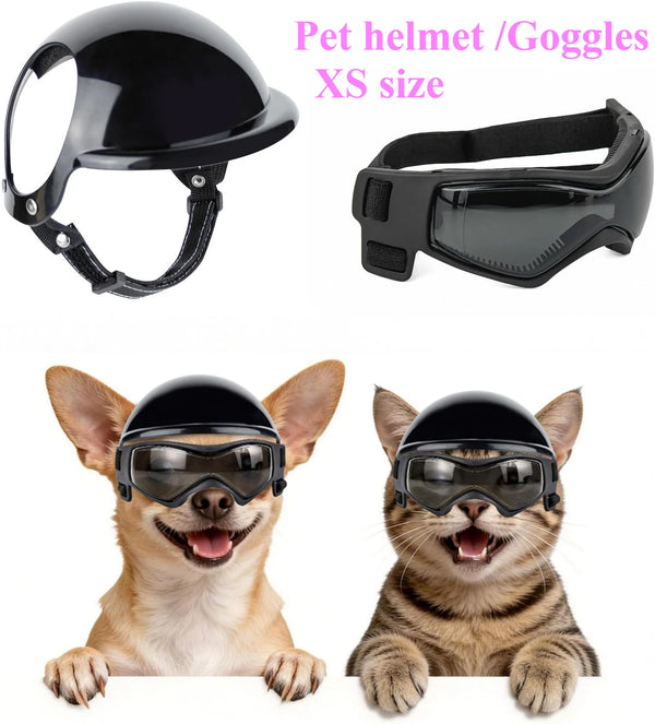 Black pet helmet and goggles set shown with a dog and a cat.