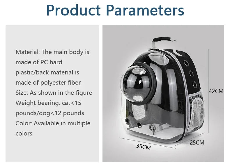 A black pet carrier backpack with a transparent dome and mesh panel, shown from the front.