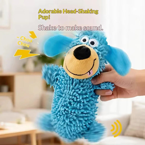 A blue, fluffy, head-shaking plush dog toy is being shaken by a hand.