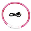 A pink LED dog collar with a white charging base and a black USB cable.