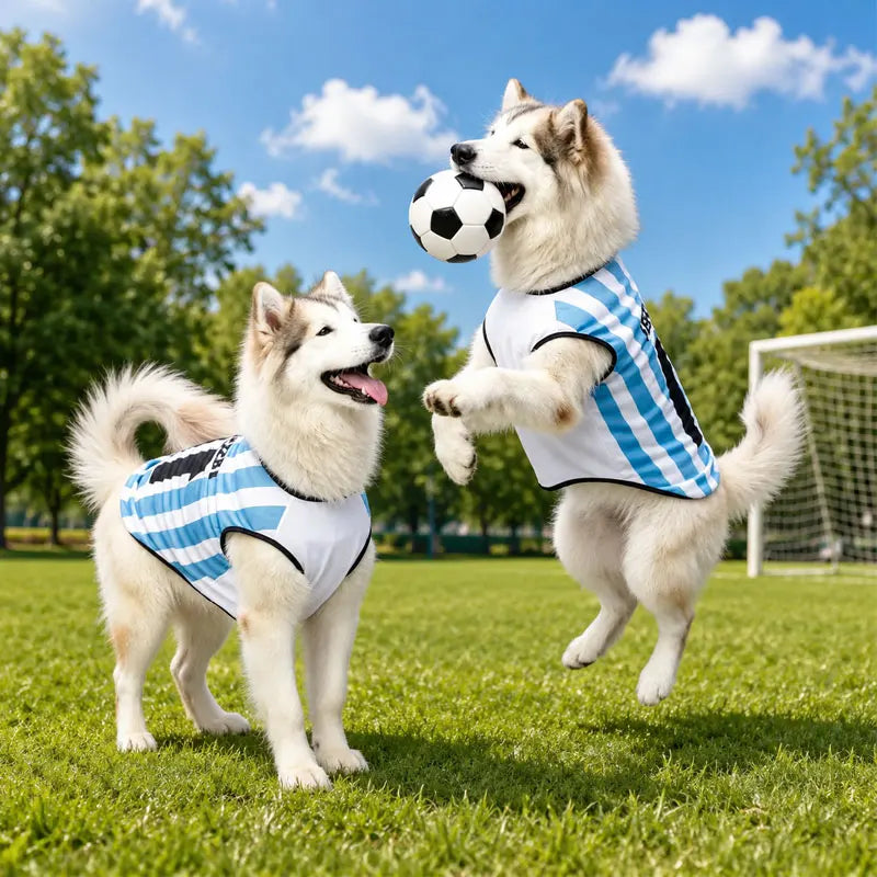 A fluffy white dog wearing a blue and white striped jersey is playing soccer with a ball on a green field.