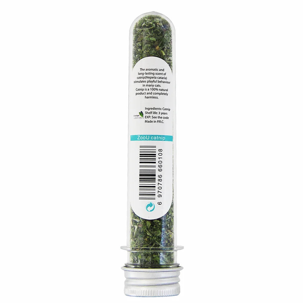 A glass jar of Catnip containing dried green plant material for feline relaxation