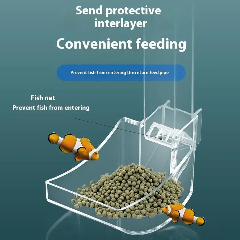 A transparent acrylic fish food dispenser with a protective interlayer preventing fish from entering the return feed pipe.