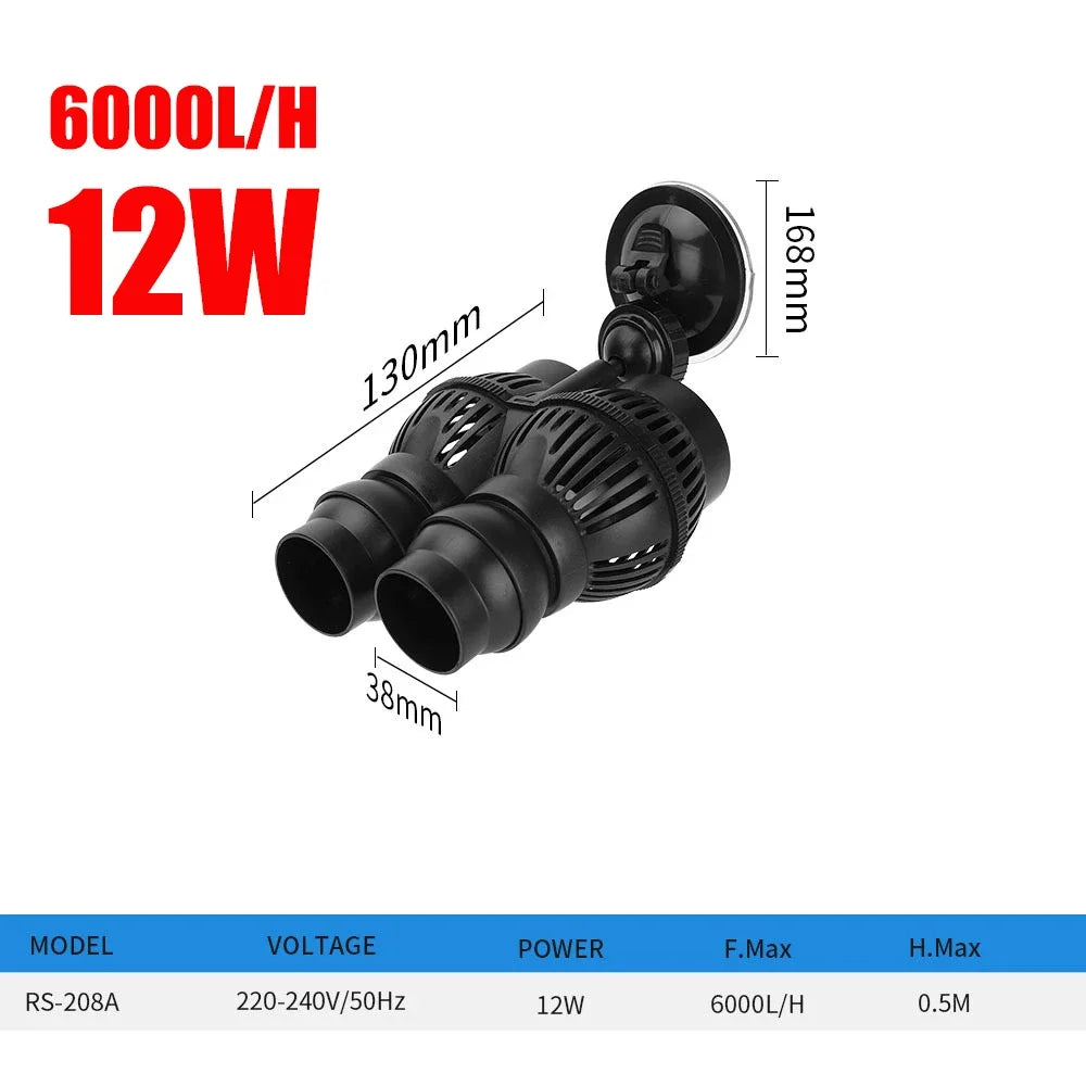 Black submersible water circulation pump with a 12W motor and various size options.