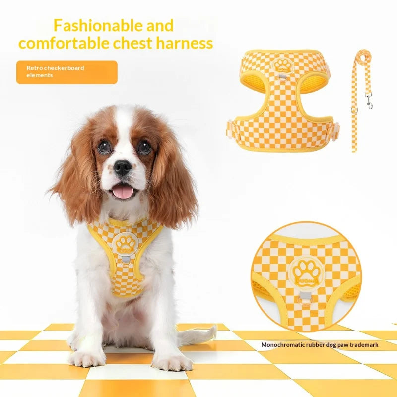 Yellow and white checkered dog harness and leash set for a small dog