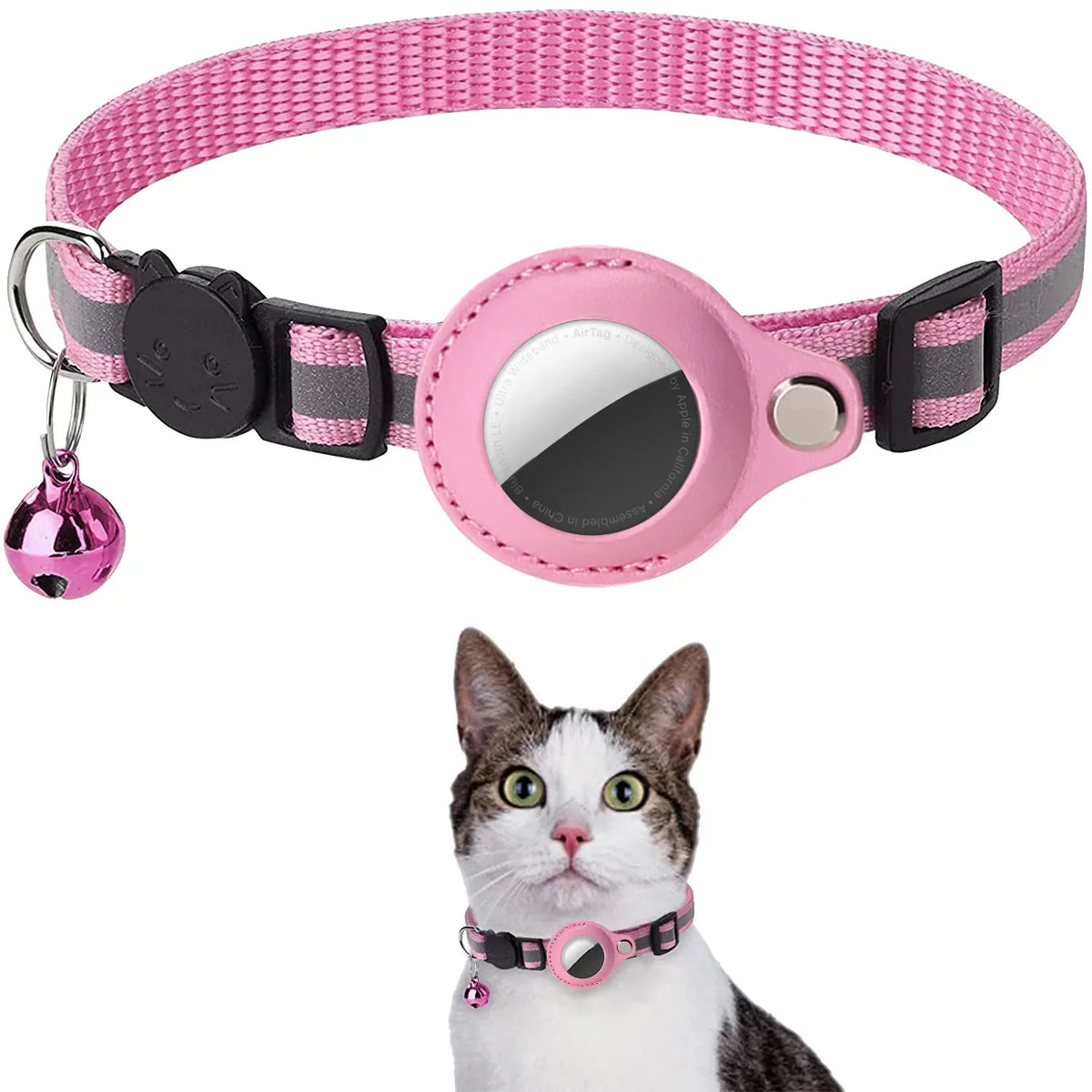Pink woven collar with a silver AirTag holder and breakaway buckle, shown next to a cat.