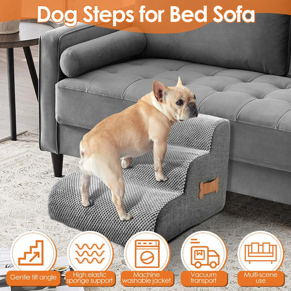 Dog steps for bed sofa showing a light brown dog using the foam stairs on a gray sofa.