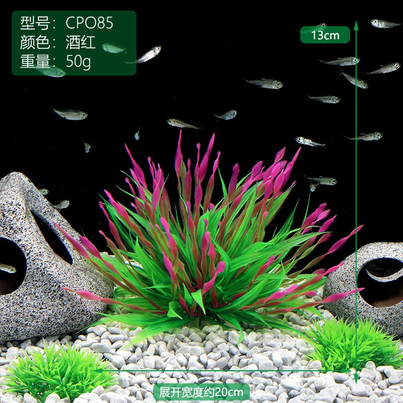 A close-up view of a vibrant pink and green artificial aquatic plant, likely for fish tanks.