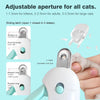 Adjustable aperture pet nail clipper trimmer with sliding latch and various hole sizes for different cats.