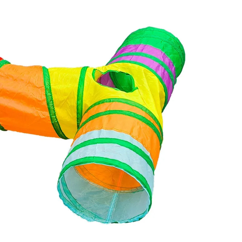 A colorful, foldable cat play tunnel with striped green, pink, and orange fabric.