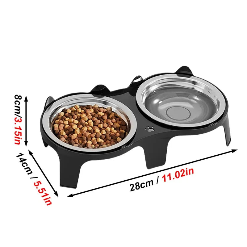 Black stainless steel double pet bowl with anti-tip design featuring a food compartment and a water compartment
