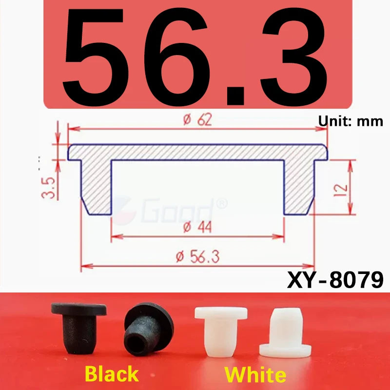 Black and white silicone rubber hole plugs shown next to a dimensioned component labeled XY-8079