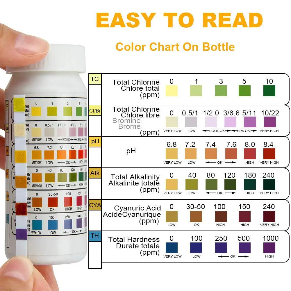 Botella blanca de kit de prueba de agua para 7 en 1 con gráficos de color para cloro, bromuro, pH, alcalinidad, ácido cianúri