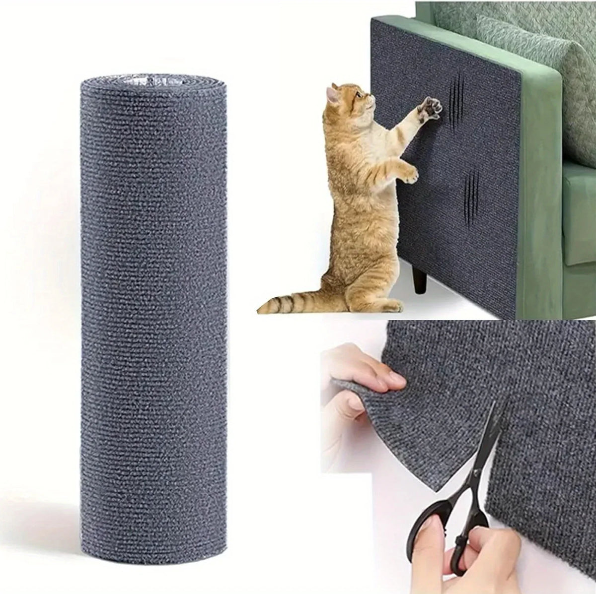 Zyliger selbstklebender Kratzschutzteppiche für Katzen neben einer Katze und Schere.
