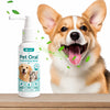 A golden-colored dog is smiling and panting while a bottle of Pet Oral Freshening Spray is displayed next to it.