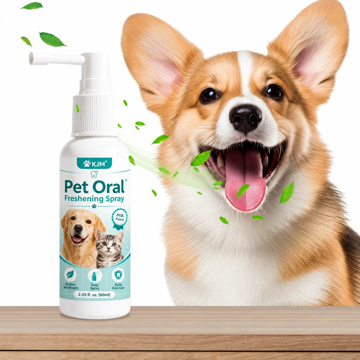 A golden-colored dog is smiling and panting while a bottle of Pet Oral Freshening Spray is displayed next to it.