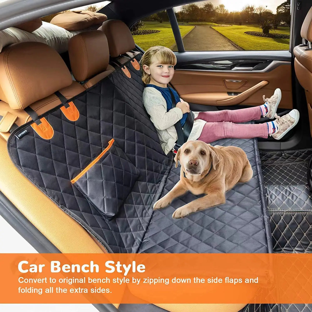 A dog is relaxing on a black quilted car seat cover hammock in the rear seat of a car.