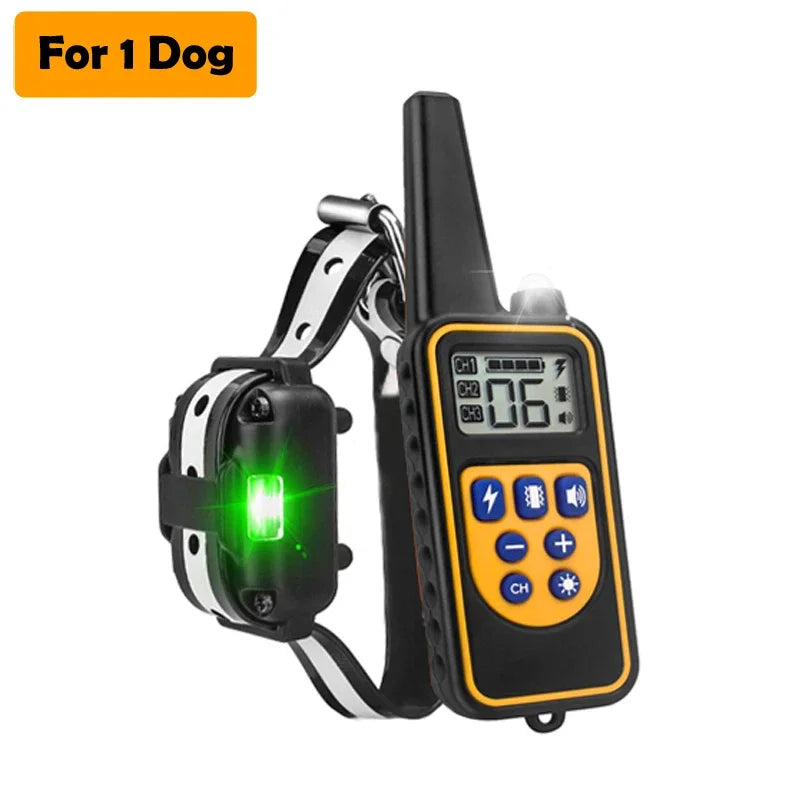 Black remote dog training collar with LCD display and range indicator for one dog