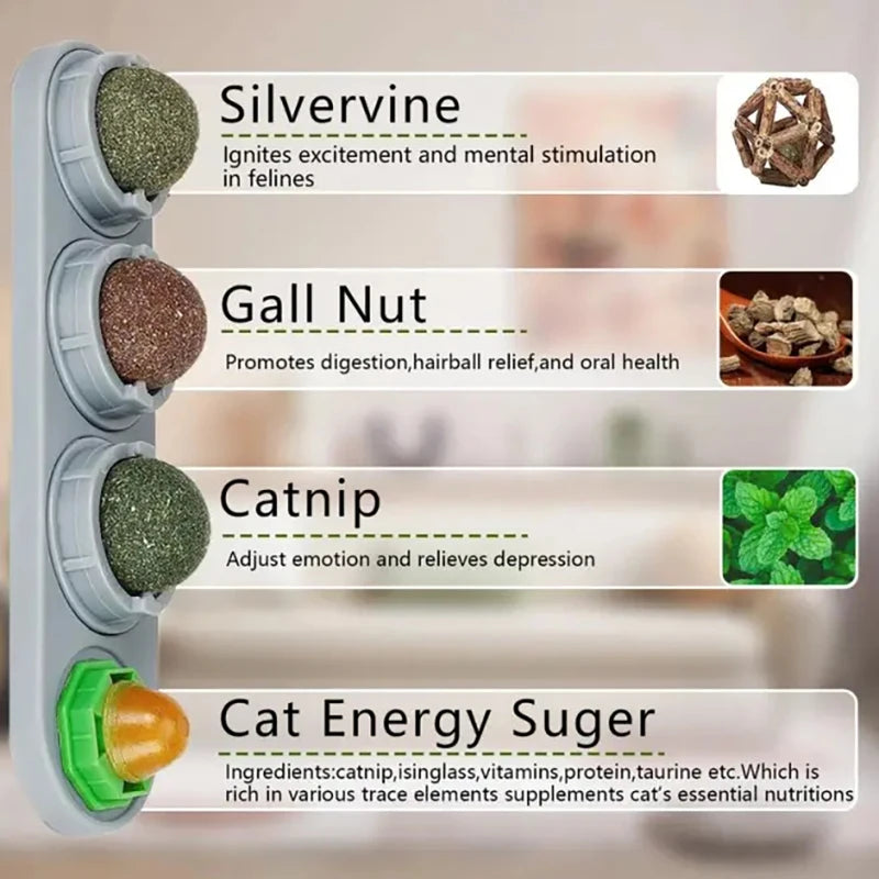 A set of edible catnip licking balls in various colors including silvervine, gall nut, catnip, and cat energy sugar.