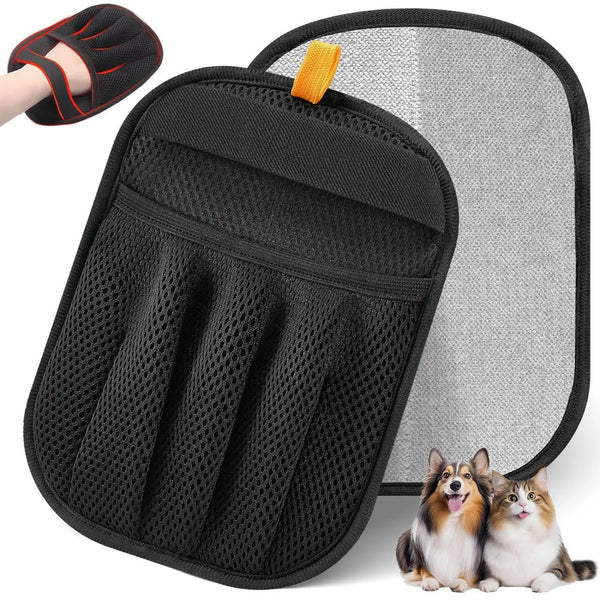 Black reusable pet hair removal gloves with an orange tab shown next to a gray fabric background.