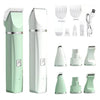 A white and mint green 4-in-1 rechargeable pet grooming kit with ceramic blades and various tools.