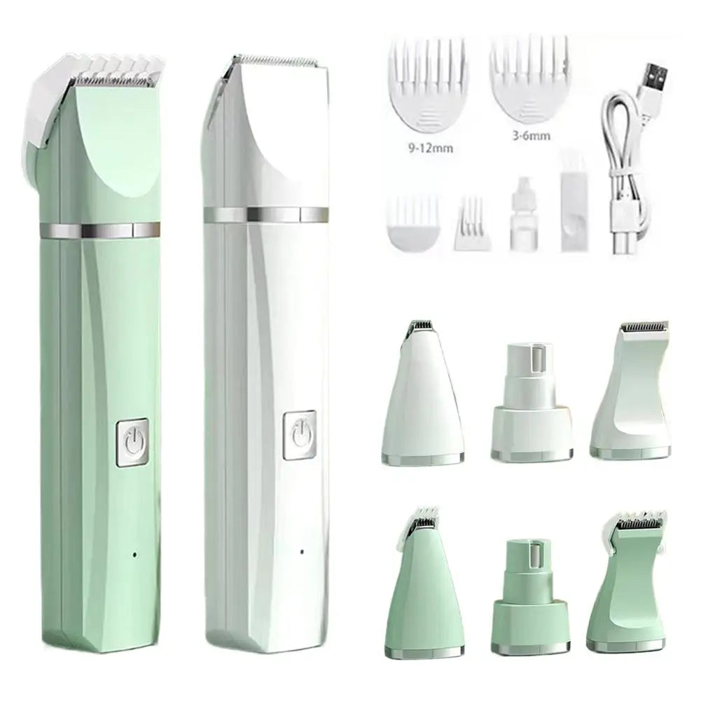 A white and mint green 4-in-1 rechargeable pet grooming kit with ceramic blades and various tools.