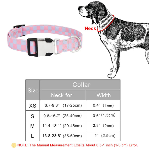 A set of adjustable checker pattern dog collars in various sizes XS to L shown next to a dog.