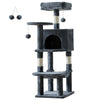 A multi-level sisal cat climbing tree with a platform, posts, and hanging balls.