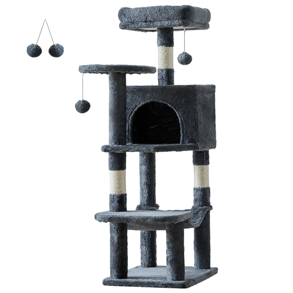 A multi-level sisal cat climbing tree with a platform, posts, and hanging balls.