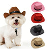 A white dog wearing a black collar posing next to several adjustable pet cowboy hats in various colors and styles.