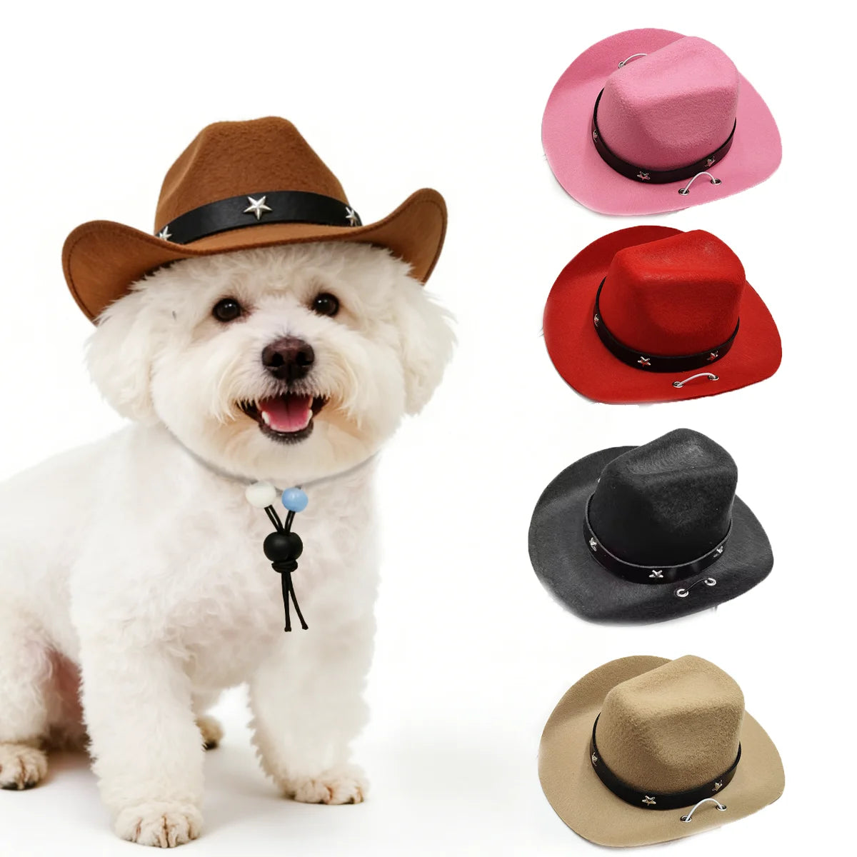 A white dog wearing a black collar posing next to several adjustable pet cowboy hats in various colors and styles.